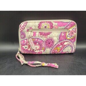 Vera Bradley Pink Quilted Paisley Floral Wristlet Wallet 8"x4" 8 Card + ID Slot